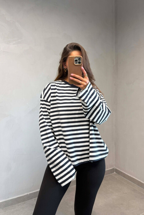 STRIPE DESIGN SIMPLE ROUND NECK WOMEN SWEATSHIRT BLACK-WHITE/ZEBA - KLAUDIO FASHION