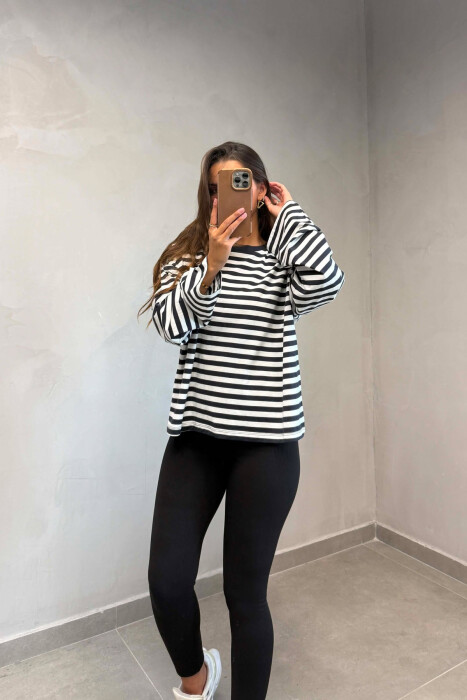 STRIPE DESIGN SIMPLE ROUND NECK WOMEN SWEATSHIRT BLACK-WHITE/ZEBA - 2