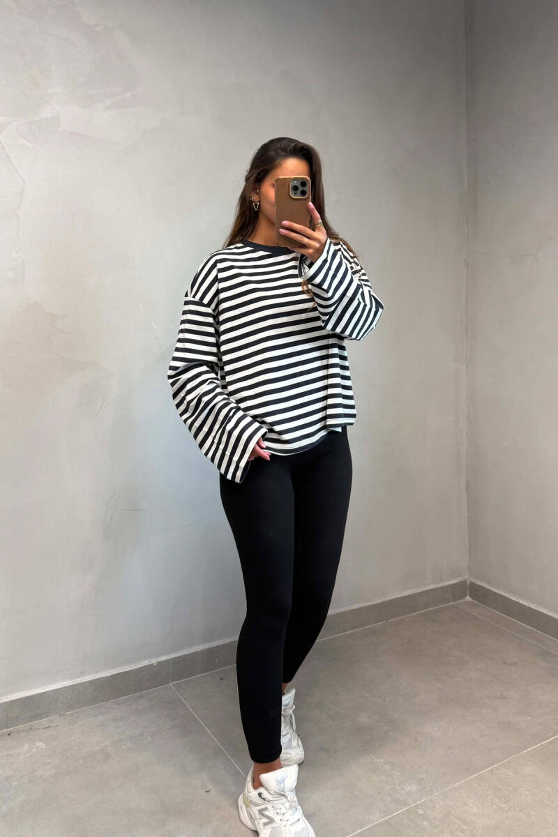 STRIPE DESIGN SIMPLE ROUND NECK WOMEN SWEATSHIRT BLACK-WHITE/ZEBA - 3