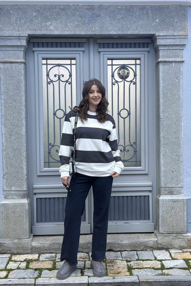 STRIPE DESIGN SIMPLE ROUND NECK WOMEN SWEATSHIRT DARK GREY/GEE - 1