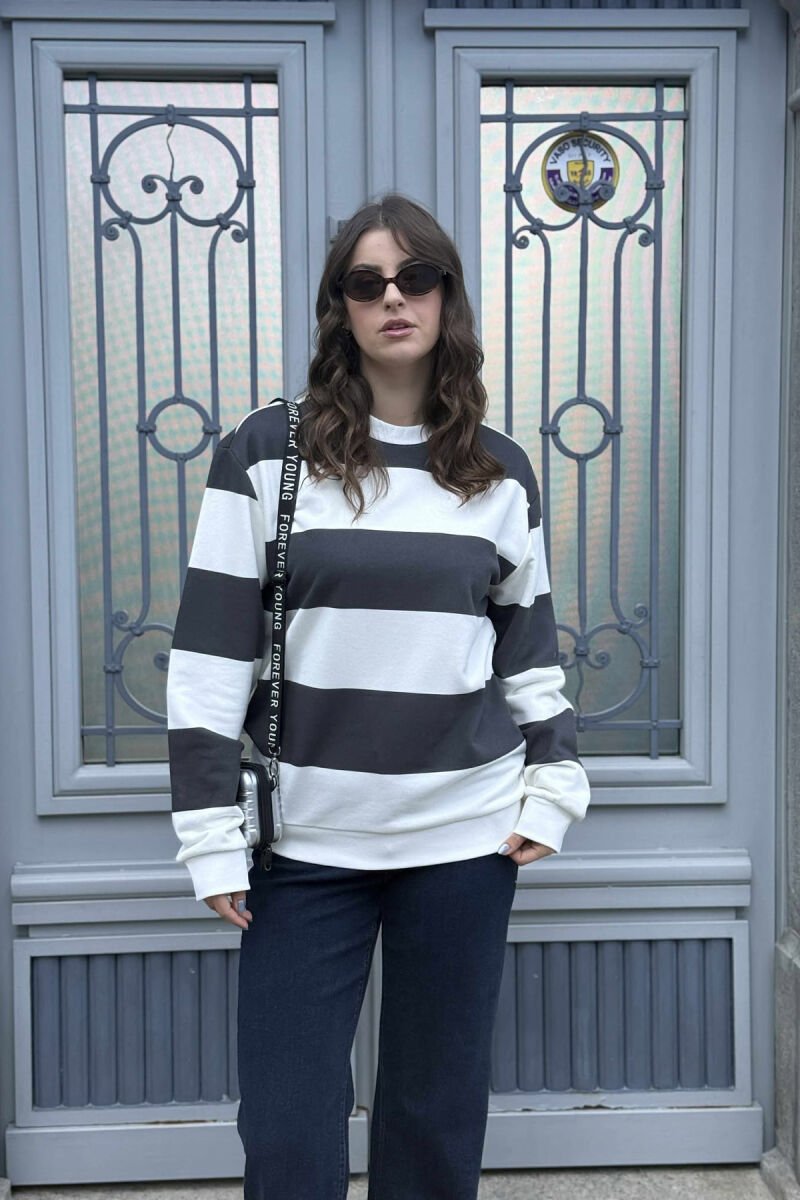 STRIPE DESIGN SIMPLE ROUND NECK WOMEN SWEATSHIRT DARK GREY/GEE - 2