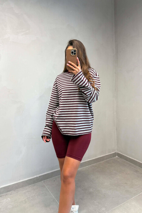 STRIPE DESIGN SIMPLE ROUND NECK WOMEN SWEATSHIRT DARK PURPLE/LEJLA ERRET - 3
