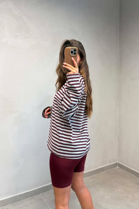STRIPE DESIGN SIMPLE ROUND NECK WOMEN SWEATSHIRT DARK PURPLE/LEJLA ERRET - 4
