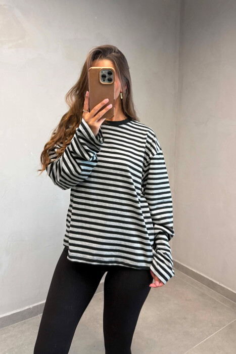STRIPE DESIGN SIMPLE ROUND NECK WOMEN SWEATSHIRT GREY/GRI - KLAUDIO FASHION