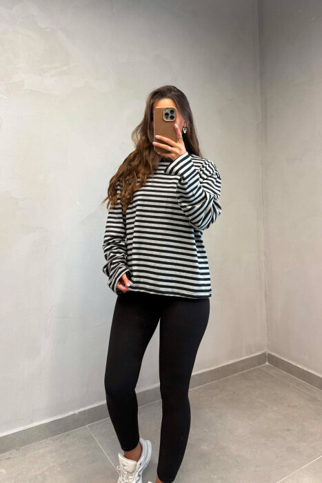 STRIPE DESIGN SIMPLE ROUND NECK WOMEN SWEATSHIRT GREY/GRI - 4