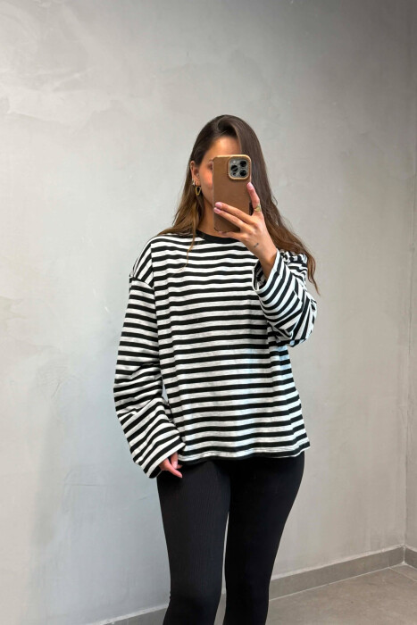 STRIPE DESIGN SIMPLE ROUND NECK WOMEN SWEATSHIRT LIGHT GREY/GZ - KLAUDIO FASHION