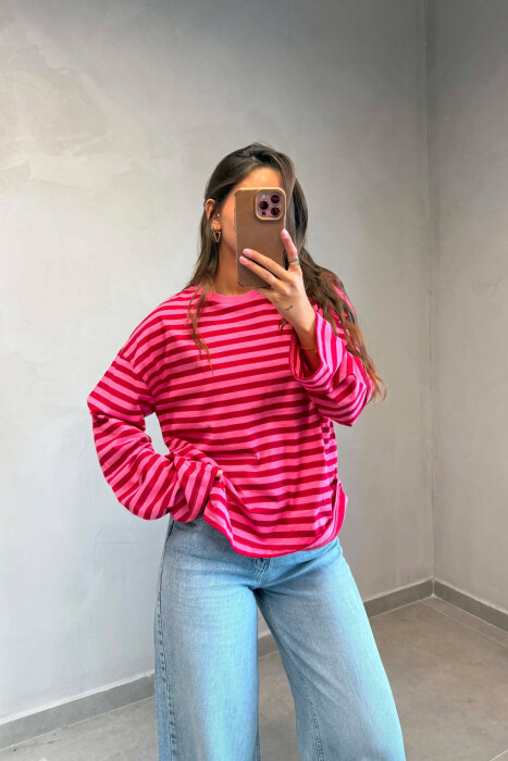 STRIPE DESIGN SIMPLE ROUND NECK WOMEN SWEATSHIRT PINK-RED/RO-KU - KLAUDIO FASHION