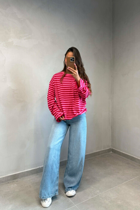 STRIPE DESIGN SIMPLE ROUND NECK WOMEN SWEATSHIRT PINK-RED/RO-KU - 3