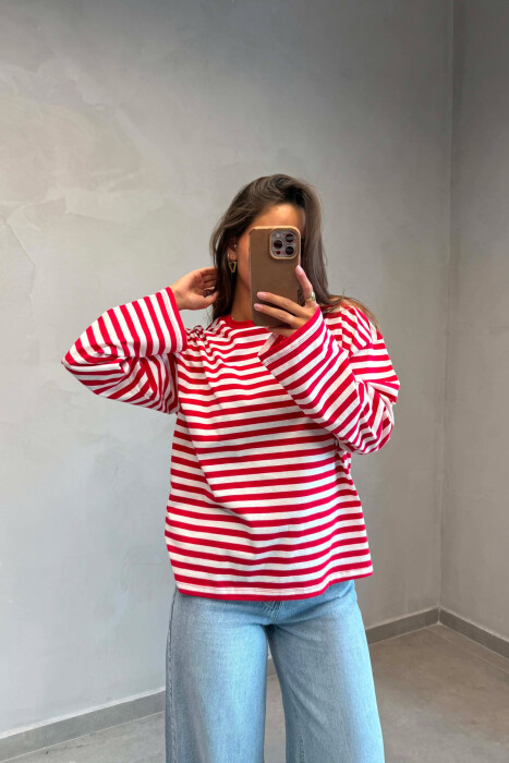 STRIPE DESIGN SIMPLE ROUND NECK WOMEN SWEATSHIRT RED/E KUQE - KLAUDIO FASHION