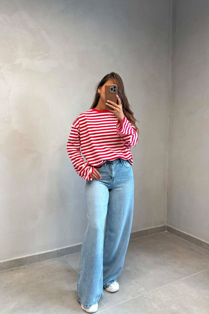 STRIPE DESIGN SIMPLE ROUND NECK WOMEN SWEATSHIRT RED/E KUQE - 2