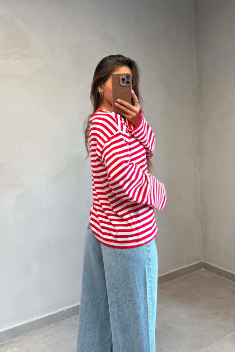 STRIPE DESIGN SIMPLE ROUND NECK WOMEN SWEATSHIRT RED/E KUQE - 3