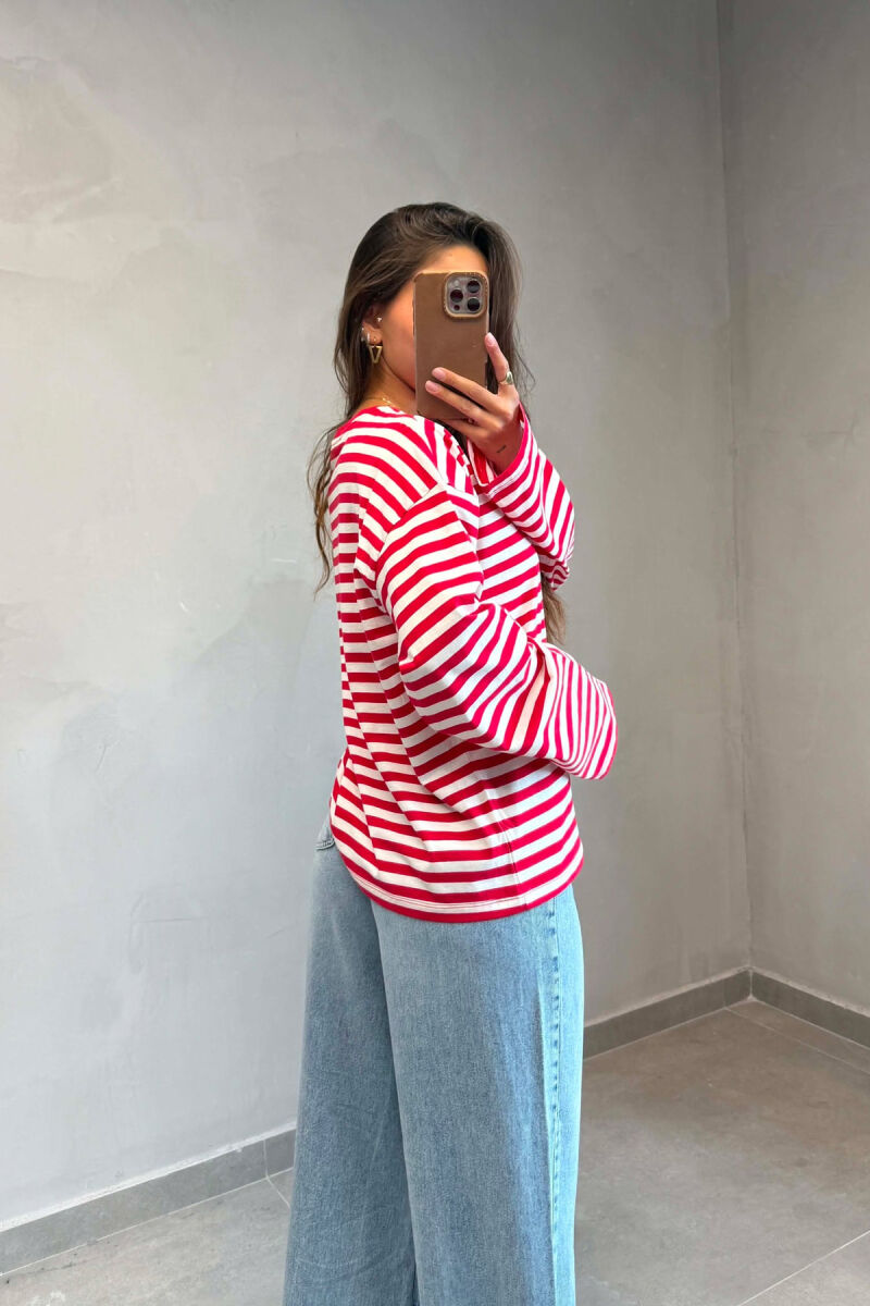 STRIPE DESIGN SIMPLE ROUND NECK WOMEN SWEATSHIRT RED/E KUQE - 3