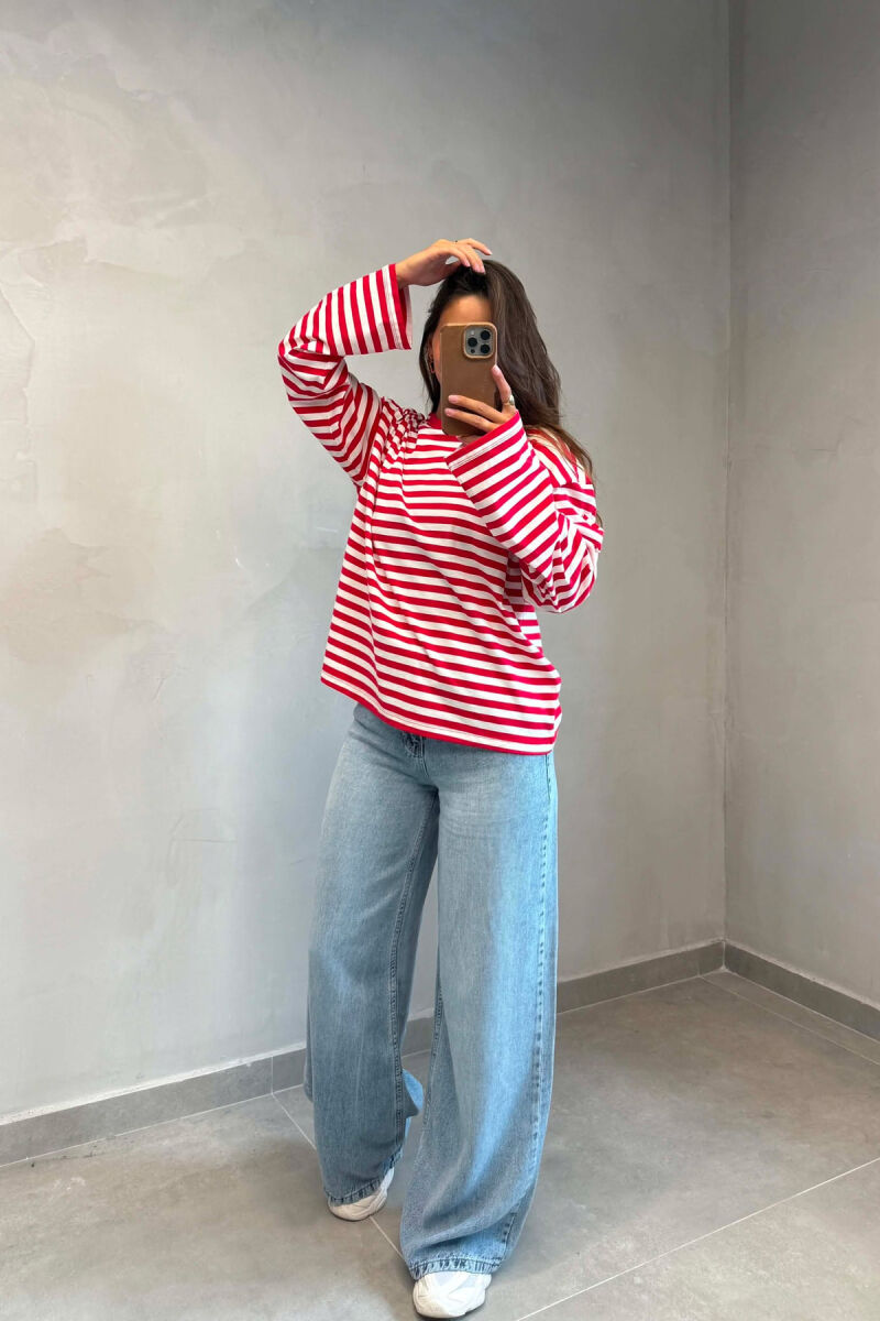 STRIPE DESIGN SIMPLE ROUND NECK WOMEN SWEATSHIRT RED/E KUQE - 4
