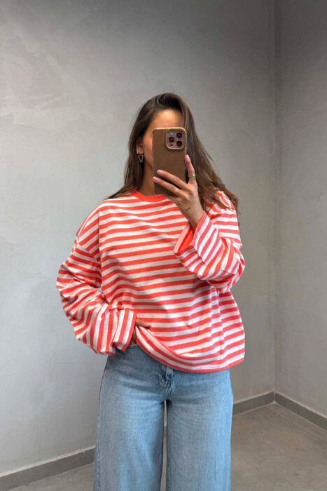 STRIPE DESIGN SIMPLE ROUND NECK WOMEN SWEATSHIRT SALMON/SALMON - KLAUDIO FASHION