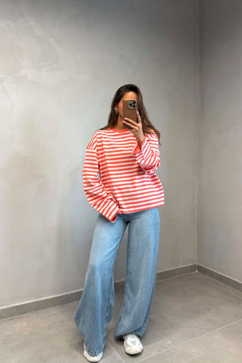STRIPE DESIGN SIMPLE ROUND NECK WOMEN SWEATSHIRT SALMON/SALMON - 2