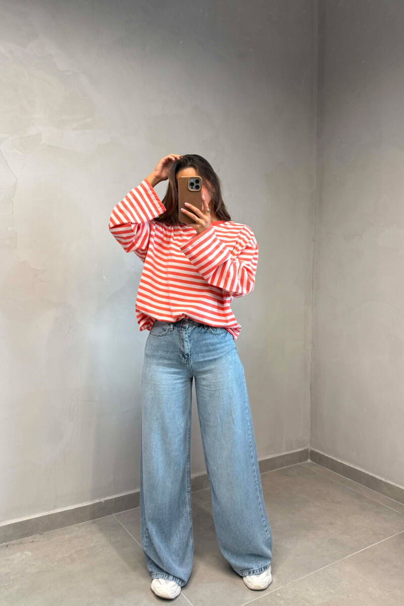 STRIPE DESIGN SIMPLE ROUND NECK WOMEN SWEATSHIRT SALMON/SALMON - 3