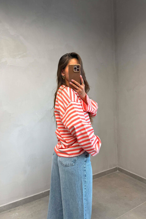 STRIPE DESIGN SIMPLE ROUND NECK WOMEN SWEATSHIRT SALMON/SALMON - 4