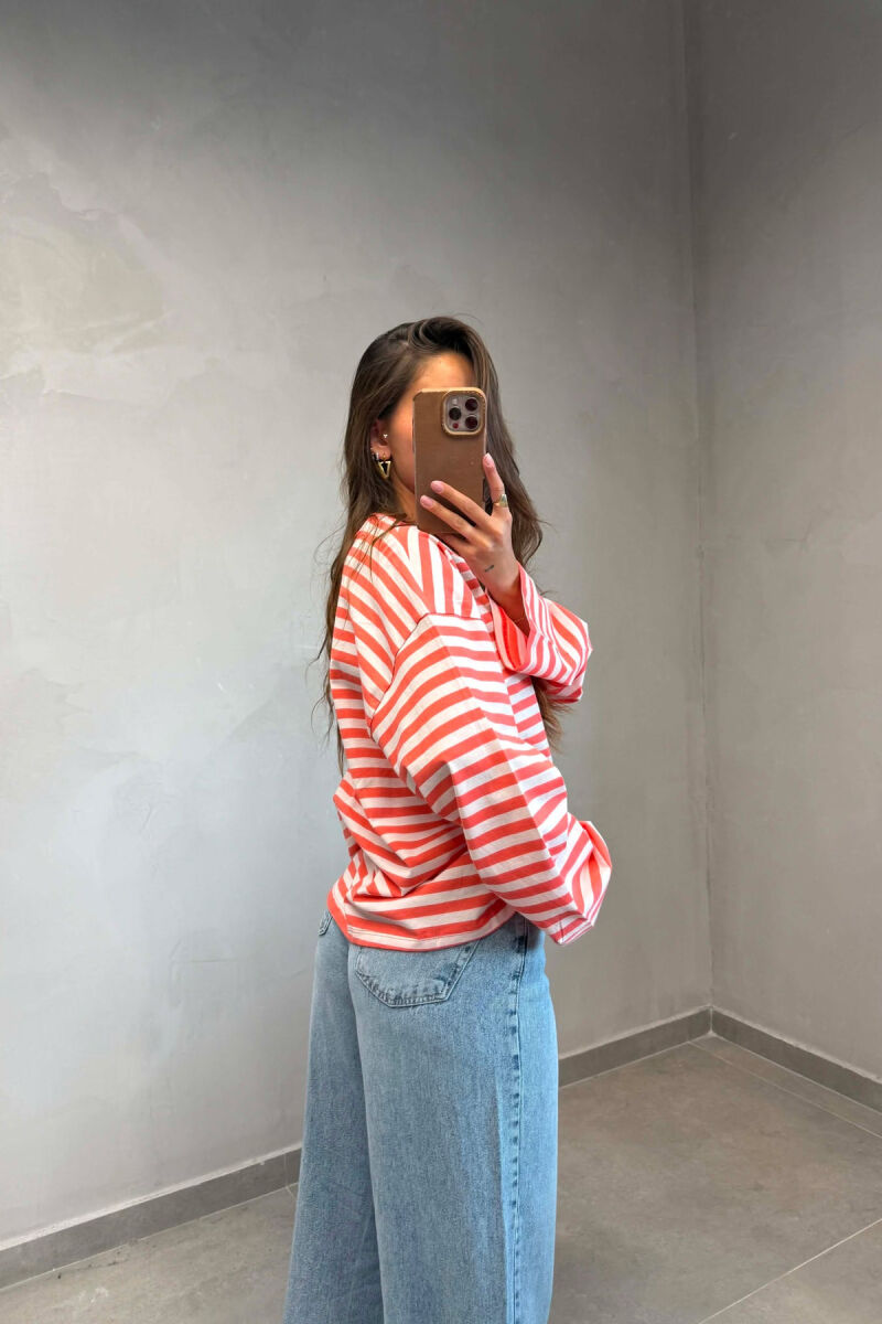 STRIPE DESIGN SIMPLE ROUND NECK WOMEN SWEATSHIRT SALMON/SALMON - 4