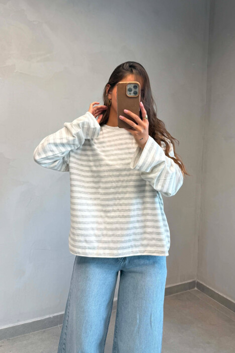 STRIPE DESIGN SIMPLE ROUND NECK WOMEN SWEATSHIRT WHITE/GREY-BAGR - KLAUDIO FASHION