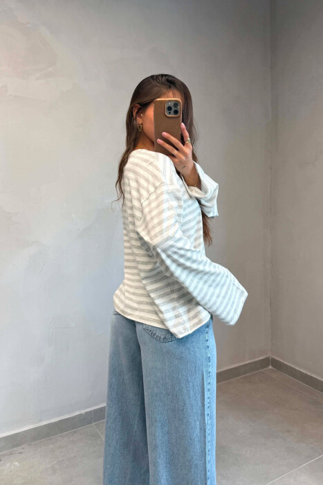 STRIPE DESIGN SIMPLE ROUND NECK WOMEN SWEATSHIRT WHITE/GREY-BAGR - 2