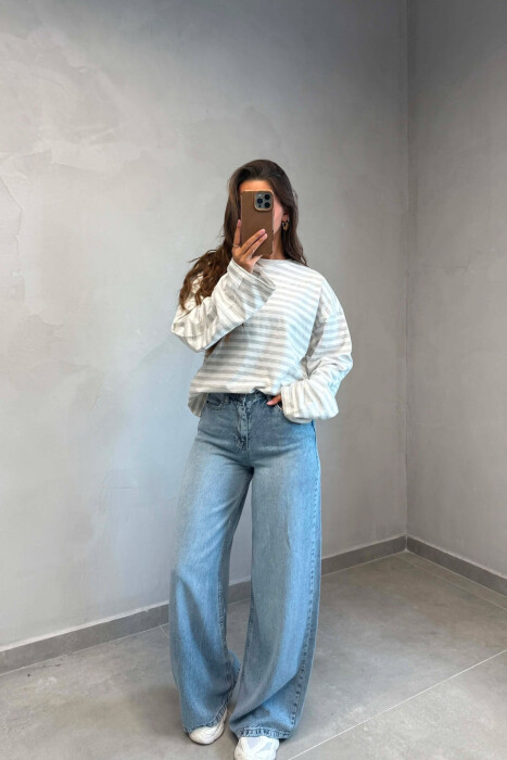STRIPE DESIGN SIMPLE ROUND NECK WOMEN SWEATSHIRT WHITE/GREY-BAGR - 4