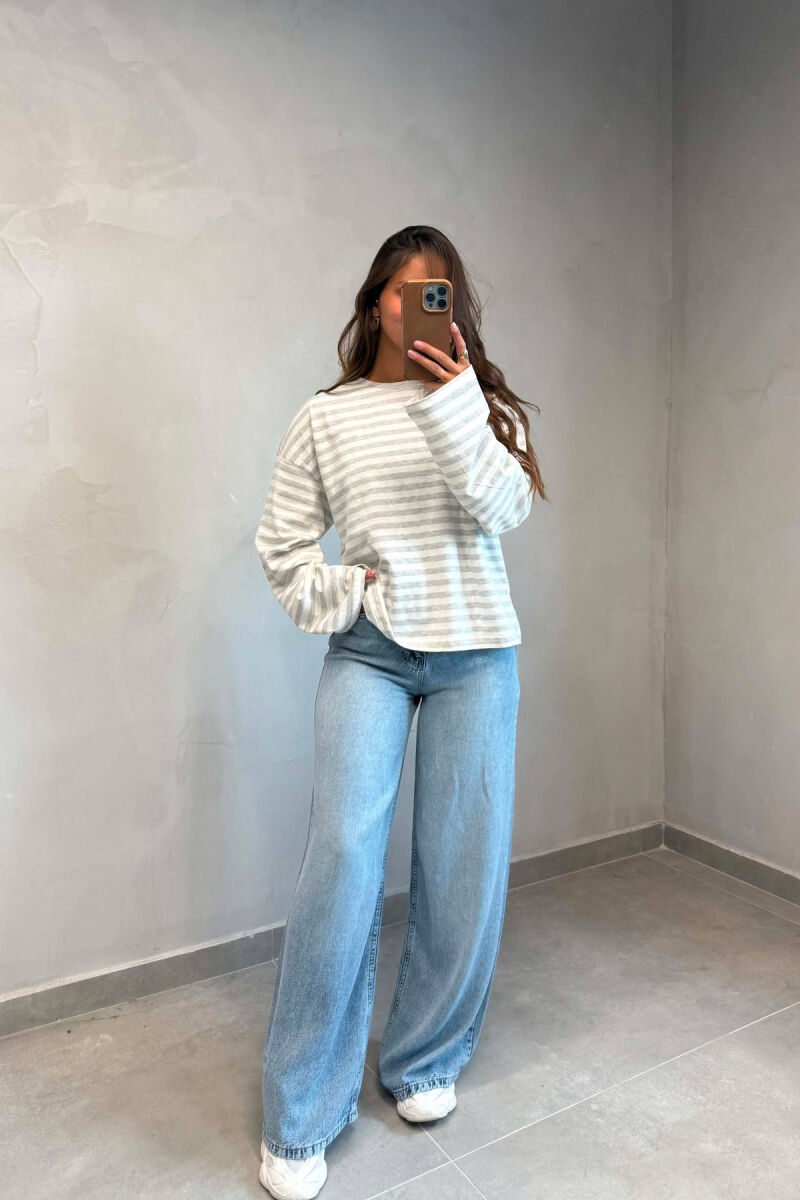 STRIPE DESIGN SIMPLE ROUND NECK WOMEN SWEATSHIRT WHITE/GREY-BAGR - 5