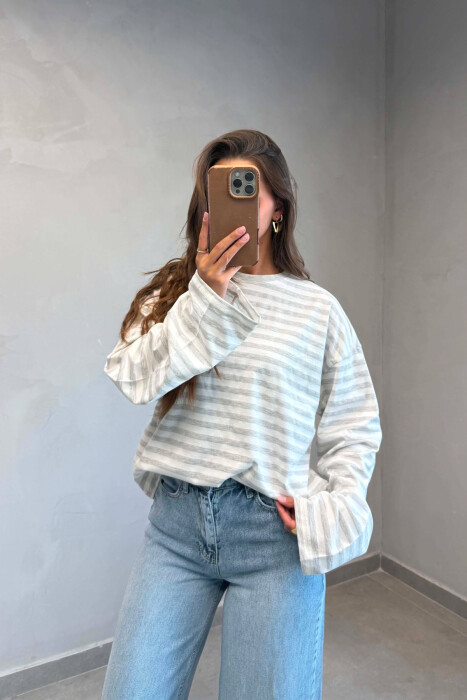 STRIPE DESIGN SIMPLE ROUND NECK WOMEN SWEATSHIRT WHITE/GREY-BAGR - 6