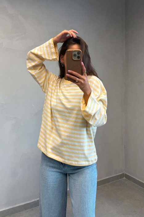 STRIPE DESIGN SIMPLE ROUND NECK WOMEN SWEATSHIRT YELLOW/E VERDHE - 3