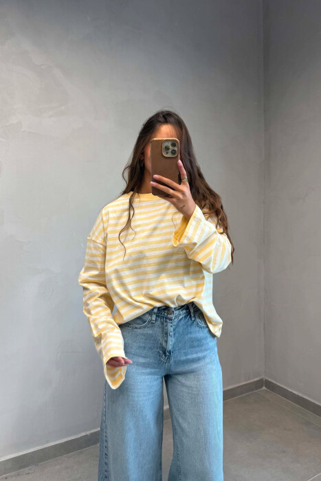 STRIPE DESIGN SIMPLE ROUND NECK WOMEN SWEATSHIRT YELLOW/E VERDHE - 4