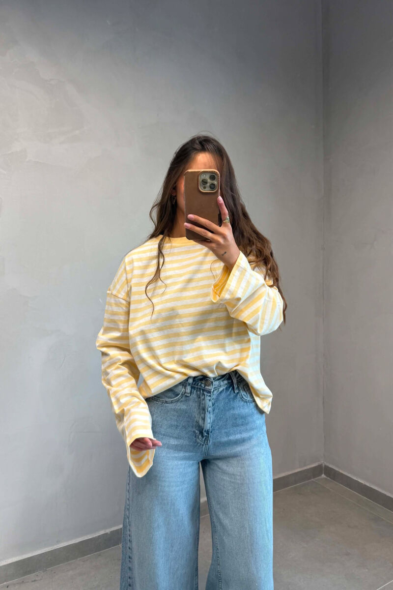 STRIPE DESIGN SIMPLE ROUND NECK WOMEN SWEATSHIRT YELLOW/E VERDHE - 4