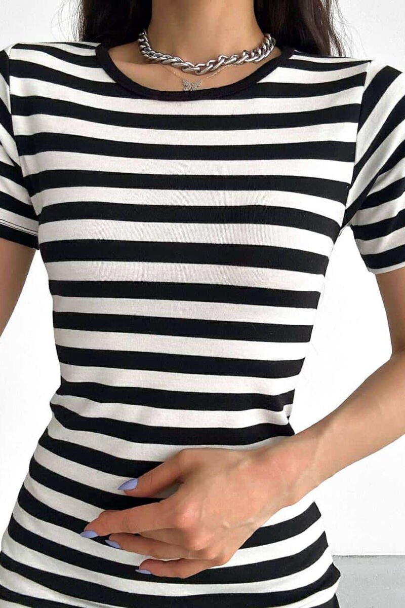 STRIPE DESIGN SIMPLE WOMEN DRESS WHITE-BLACK/BAZE - 3