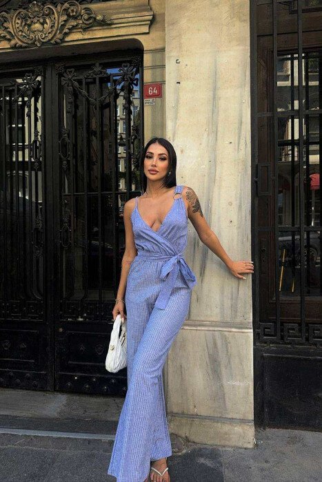 STRIPE DESIGN SIMPLE WOMEN JUMPSUIT BLUE/BLU - KLAUDIO FASHION