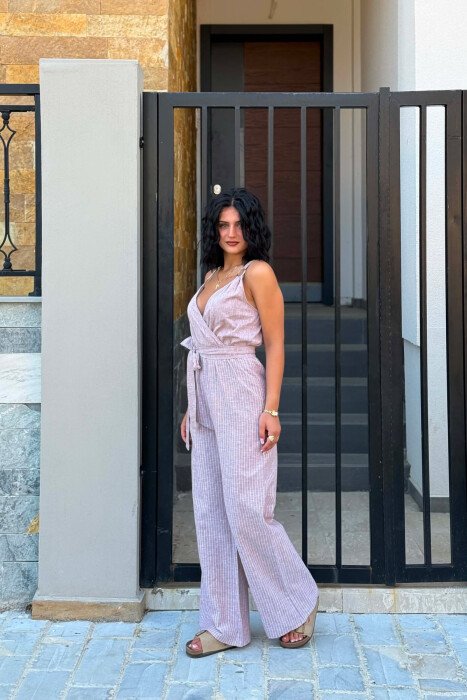 STRIPE DESIGN SIMPLE WOMEN JUMPSUIT LIGHT BROWN/KAZB - 2