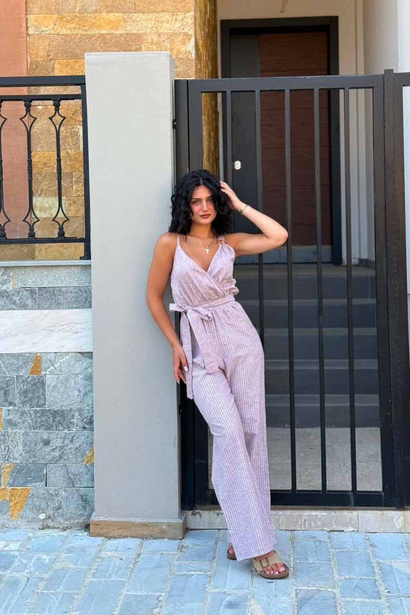STRIPE DESIGN SIMPLE WOMEN JUMPSUIT LIGHT BROWN/KAZB - 3