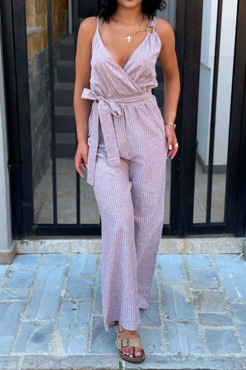 STRIPE DESIGN SIMPLE WOMEN JUMPSUIT LIGHT BROWN/KAZB - 5