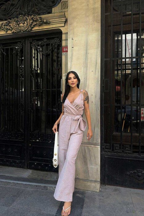 STRIPE DESIGN SIMPLE WOMEN JUMPSUIT LIGHT BROWN/KAZB - 1