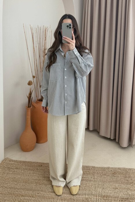 STRIPE DESIGN SINGLE POCKET WOMEN SHIRT GREY-WHITE/GRBA - 2