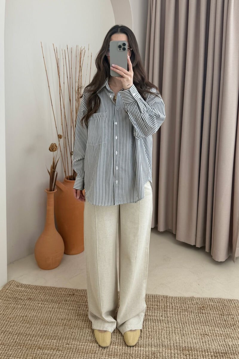 STRIPE DESIGN SINGLE POCKET WOMEN SHIRT GREY-WHITE/GRBA - 2
