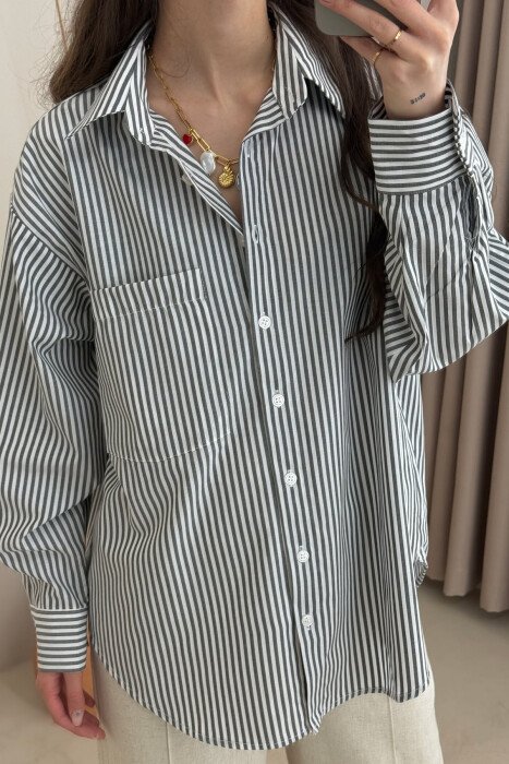 STRIPE DESIGN SINGLE POCKET WOMEN SHIRT GREY-WHITE/GRBA - 3