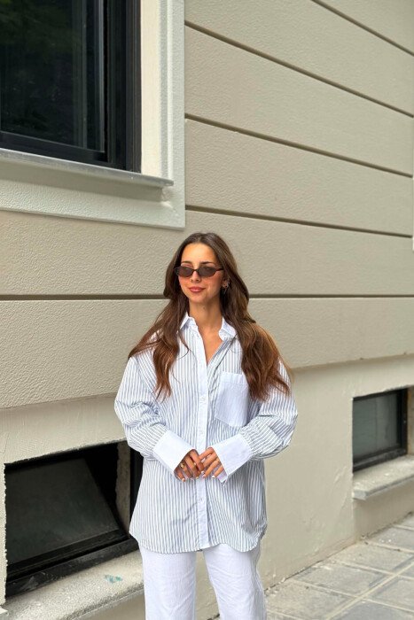 STRIPE DESIGN SINGLE POCKET WOMEN SHIRT LIGHTBLUE/BZ - 1