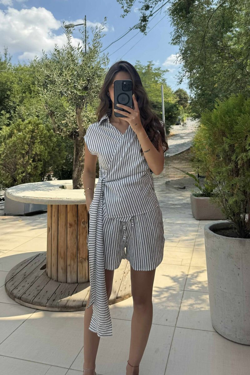 STRIPE DESIGN SLEEVELESS SHIRT+SHORTS WOMEN SET BLACK/ E ZEZE - 1