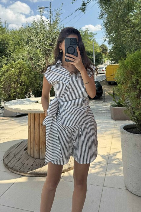 STRIPE DESIGN SLEEVELESS SHIRT+SHORTS WOMEN SET BLACK/ E ZEZE - 4