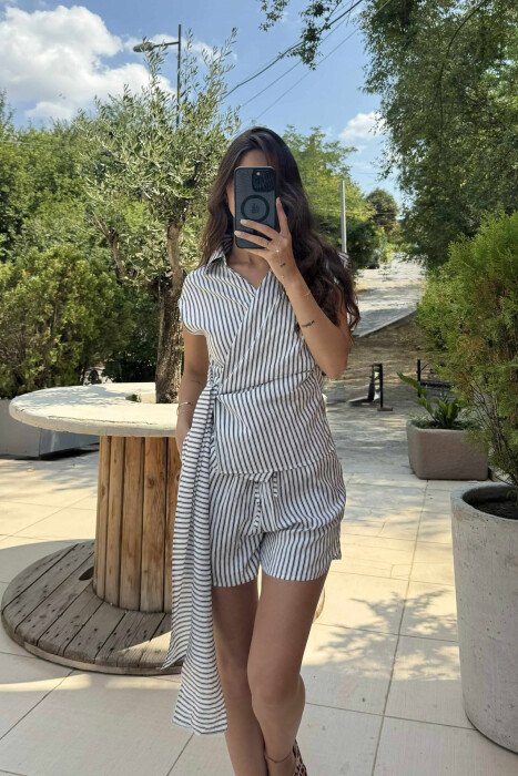 STRIPE DESIGN SLEEVELESS SHIRT+SHORTS WOMEN SET BLACK/ E ZEZE - 5