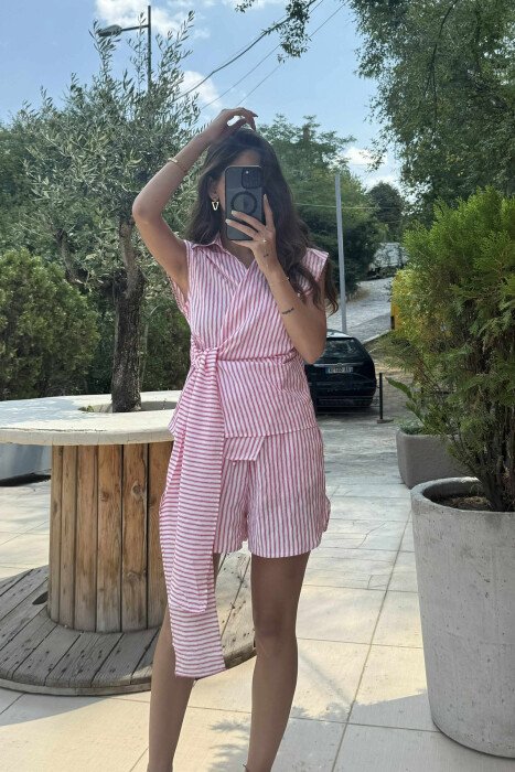 STRIPE DESIGN SLEEVELESS SHIRT+SHORTS WOMEN SET PINK/ROZE - KLAUDIO FASHION