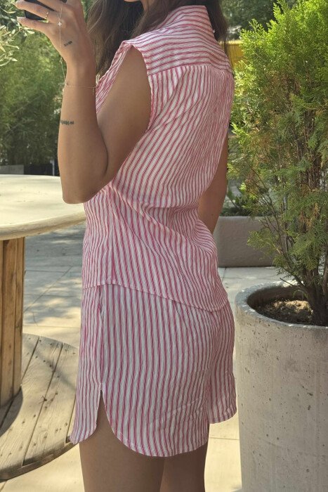 STRIPE DESIGN SLEEVELESS SHIRT+SHORTS WOMEN SET PINK/ROZE - 2