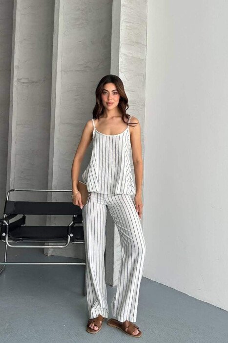 STRIPE DESIGN TANK TOP + TROUSER WOMEN SET CREAM-BLUE/KREM-BLU - 1