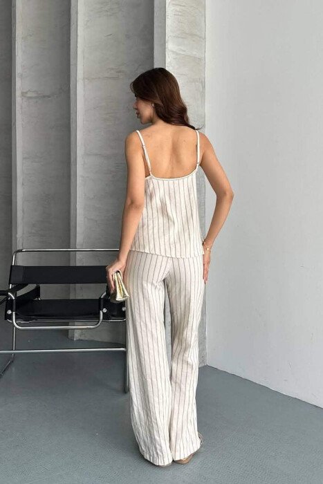 STRIPE DESIGN TANK TOP + TROUSER WOMEN SET CREAM-BROWN/KRKA - 5