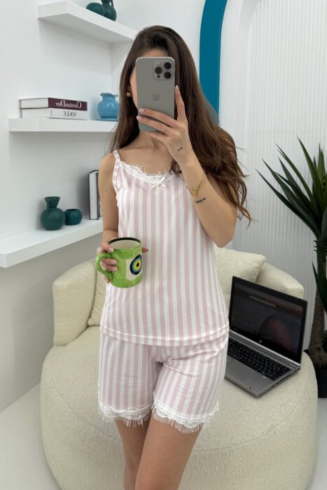 STRIPE DESIGN TANK TOP+SHORTS WOMEN PYJAMAS WHITE-PINK/BARO - KLAUDIO FASHION