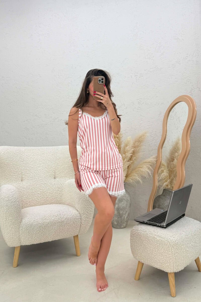 STRIPE DESIGN TANK TOP+SHORTS WOMEN SET POWDER/PUDER - 1