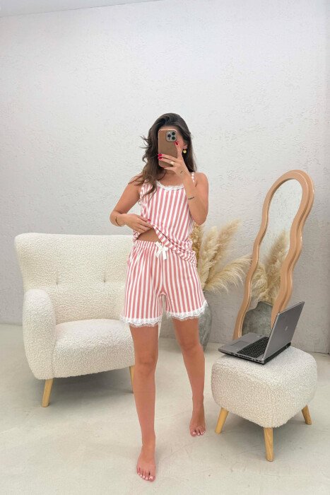 STRIPE DESIGN TANK TOP+SHORTS WOMEN SET POWDER/PUDER - 3